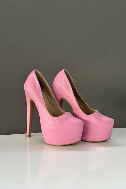 Pembe Deri Platform Topuk Kadın Ayakkabısı  Pembe Cilt 