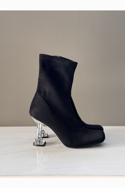 Siyah Süet Streç Şeffaf Topuk Kadın Bot  Siyah Süet