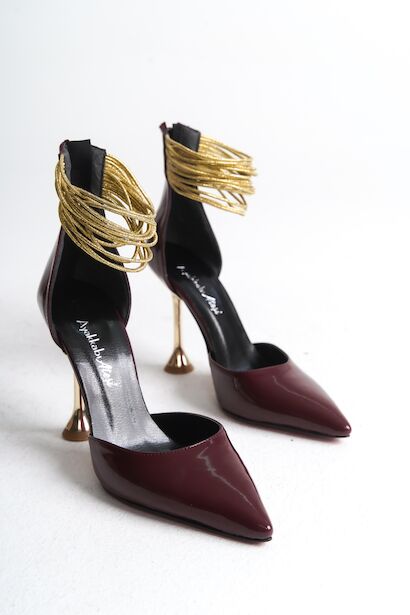 Kadın Gold Biye Detay Tasarım Topuklu Ayakkabı Nicera Bordo 4