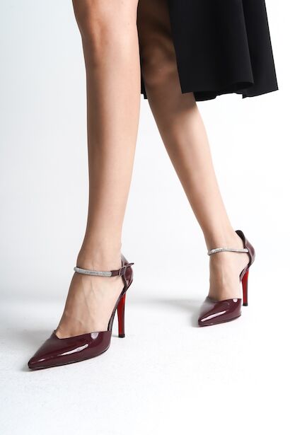 Kadın Taş Baret Sivri Burun Topuklu Ayakkabı Sierra  Bordo Cilt 4
