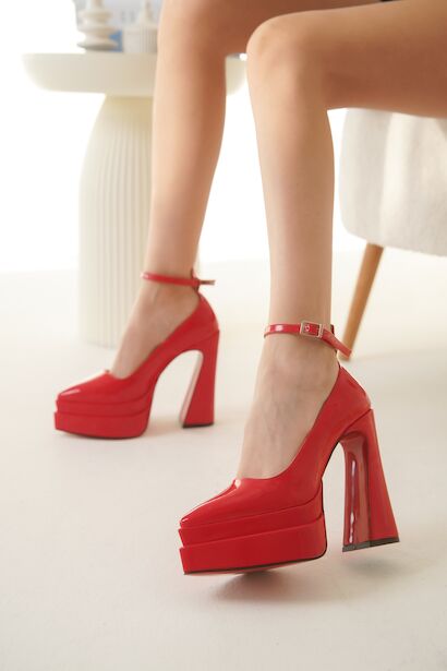 Çift Platform Özel Tasarım Kadın Ayakkabı Rigels Kırmızı Rugan 4