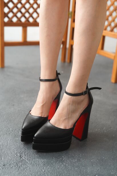 Kadın Çift Platform Özel Tasarım Topuklu Ayakkabı Regina  Siyah Cilt 4