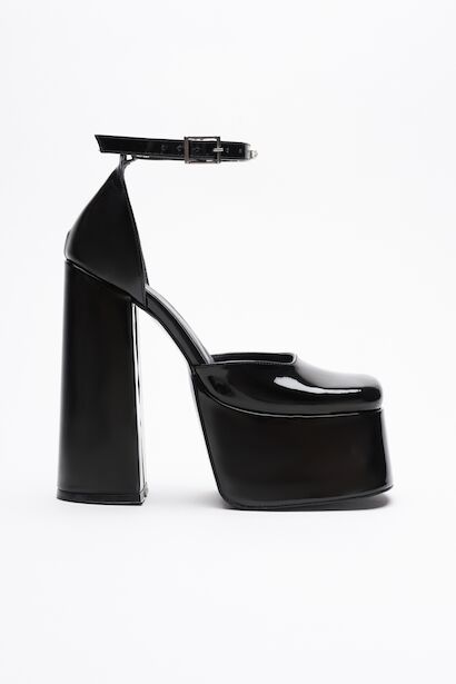 Kadın Yüksek Platform Kalın Topuklu Ayakkabı Firona  Siyah Rugan