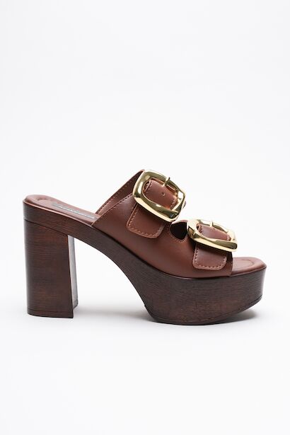 Kadın Mantar Taban İki Bant Tokalı Topuklu Terlik Case  Taba Cilt