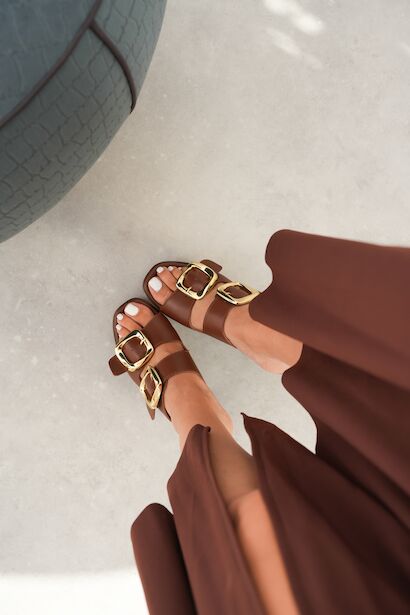 Kadın Mantar Taban İki Bant Tokalı Topuklu Terlik Case  Taba Cilt 6