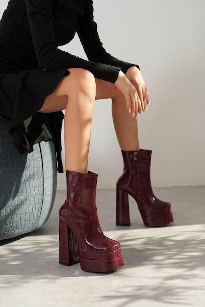 Vega Suni Deri Kare Burun Çift Platform Kalın Topuklu Kadın Bot  Bordo Rugan 6