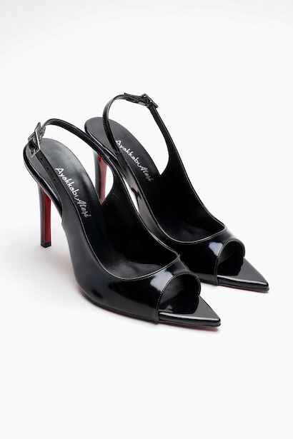 Kadın Burun Arka Açık İnce Topuklu Ayakkabı Acare  Siyah Rugan