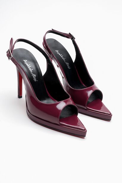 Kadın Arka Açık Sivri Burun İnce Topuklu Platform Ayakkabı Hari  Bordo Rugan