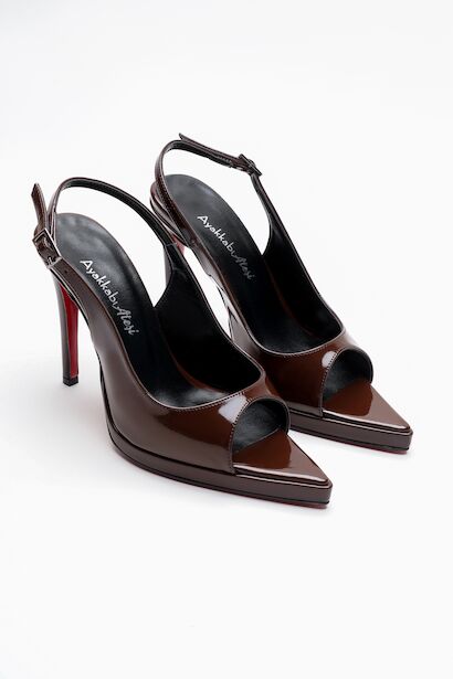 Kadın Arka Açık Sivri Burun İnce Topuklu Platform Ayakkabı Hari  Kahverengi Rugan