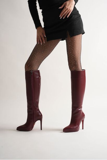 Kadın Diz Altı Kısa Platform Topuklu Çizme Amazen  Bordo Cilt 6
