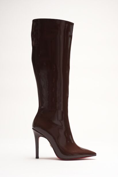 Kadın Sivri Burun Yüksek Topuklu Diz Altı Çizme Limbo  Kahverengi Rugan