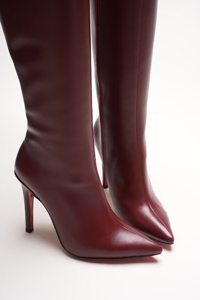 Kadın Sivri Burun Yüksek Topuklu Diz Altı Çizme Limbo  Bordo Cilt 6