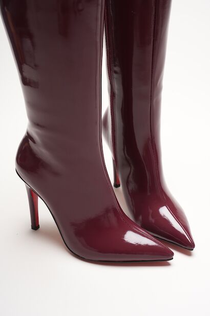 Kadın Sivri Burun Yüksek Topuklu Diz Altı Çizme Limbo  Bordo Rugan 6