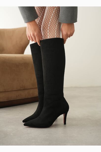 Kadın Sivri Burun Kısa Topuklu Çizme Zelda  Siyah Süet 6