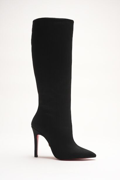 Kadın Sivri Burun Fermuarsız İnce Topuklu Diz Altı Çizme Monias  Siyah Süet