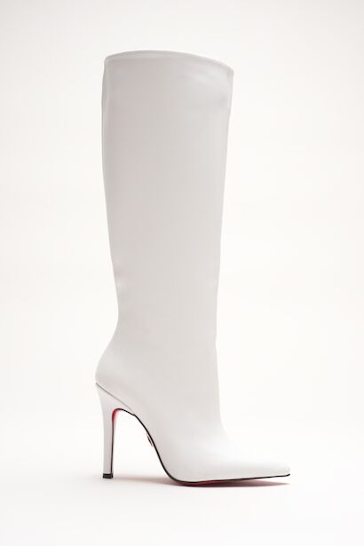 Kadın Sivri Burun Fermuarsız İnce Topuklu Diz Altı Çizme Monias  Beyaz Cilt 