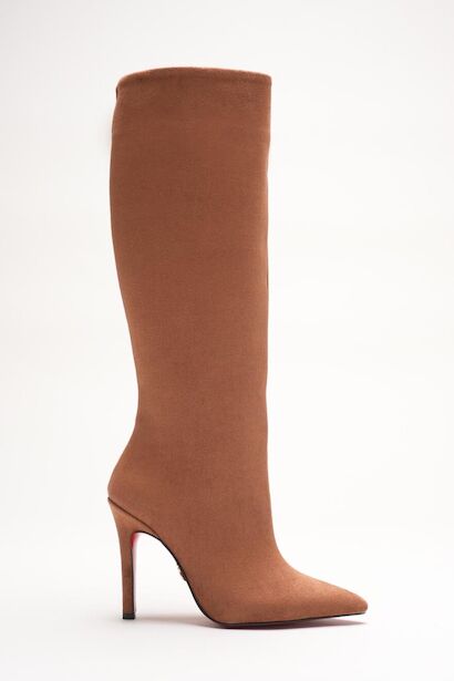 Kadın Sivri Burun Fermuarsız İnce Topuklu Diz Altı Çizme Monias  Taba Süet