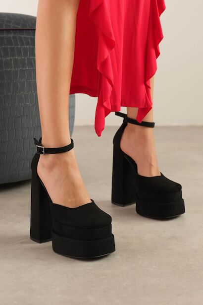 Figo Çift Platformlu Kalın Topuklu Kadın Ayakkabı - Bilekten Bağlamalı Küt Burun Abiye  Siyah Süet 6