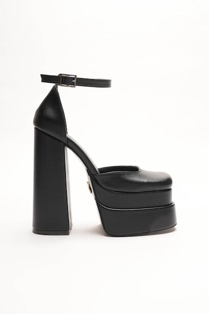 Figo Çift Platformlu Kalın Topuklu Kadın Ayakkabı - Bilekten Bağlamalı Küt Burun Abiye 