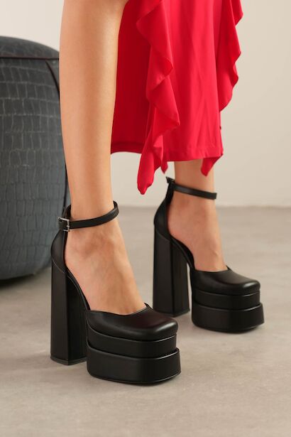 Figo Çift Platformlu Kalın Topuklu Kadın Ayakkabı - Bilekten Bağlamalı Küt Burun Abiye  Siyah Süet 6