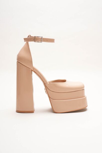 Figo Çift Platformlu Kalın Topuklu Kadın Ayakkabı - Bilekten Bağlamalı Küt Burun Abiye 