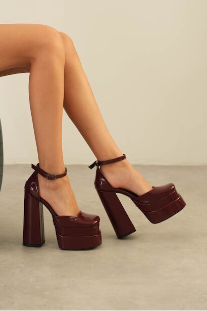 Figo Çift Platformlu Kalın Topuklu Kadın Ayakkabı - Bilekten Bağlamalı Küt Burun Abiye  Bordo Rugan 6