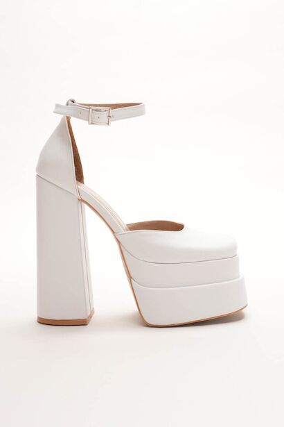 Figo Çift Platformlu Kalın Topuklu Kadın Ayakkabı - Bilekten Bağlamalı Küt Burun Abiye 