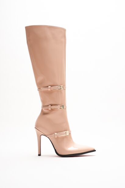 Kadın Siyah Rugan Sivri Burun 3 Tokalı İnce Topuklu Çizme Tokai  Nude Rugan