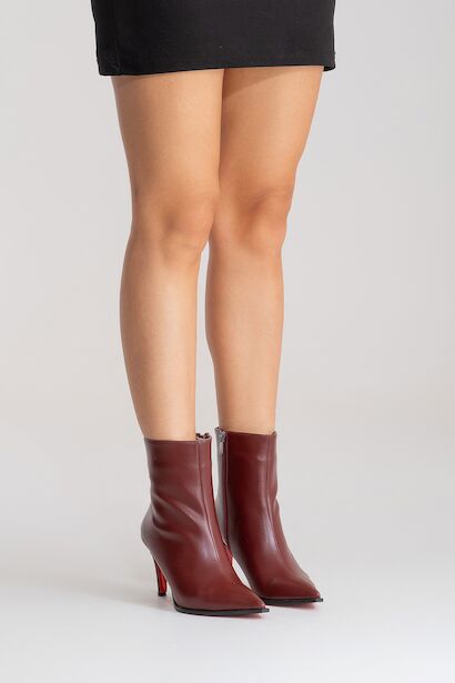 Kadın Bilek Boy Kısa İnce Topuklu Bot Torina  Bordo Cilt 6