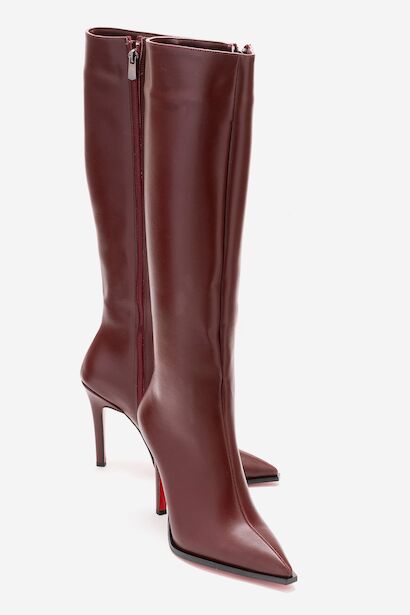 Kadın Diz Altı Fermuarlı İnce Topuklu Çizme Yoran  Bordo Cilt