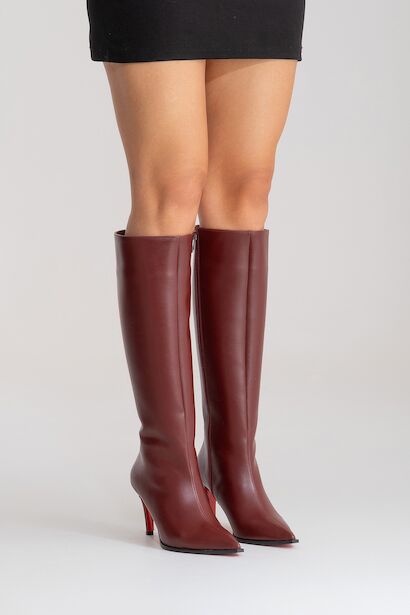 Kadın Sivri Burun Kısa Topuklu Diz Altı Çizme Togie  Bordo Cilt 6
