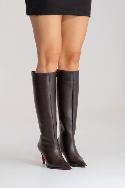 Kadın Sivri Burun Kısa Topuklu Diz Altı Çizme Togie  Kahverengi Cilt 6