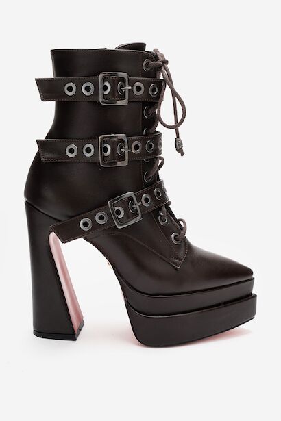 Kadın Üç Tokalı Sivri Burun Yüksek Topuklu Fermuarlı Bot Rugani 