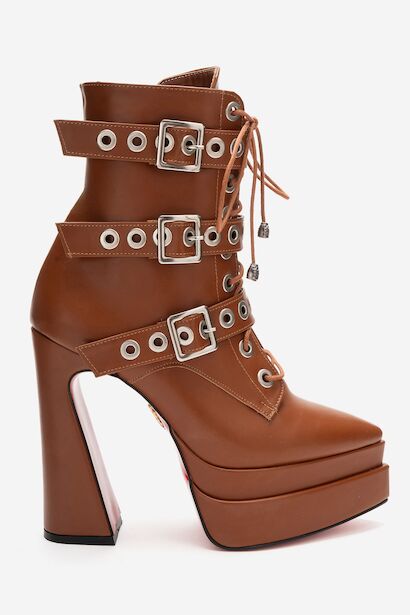 Kadın Üç Tokalı Sivri Burun Yüksek Topuklu Fermuarlı Bot Rugani 