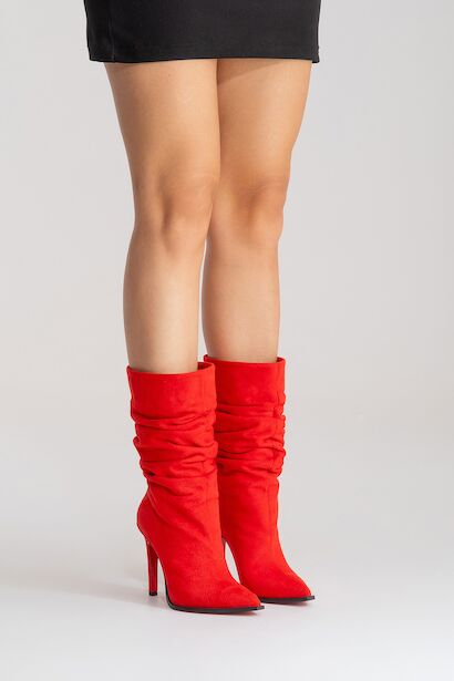 Büzgülü Kadın Bot Sivri Burun İnce Topuklu Körüklü Şık Çizme Stane  Kırmızı Süet 6