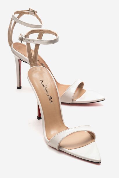 Tek Bantlı Sivri Burun Topuklu Sandalet - Abiye Ayakkabı Sanny  Beyaz Rugan 