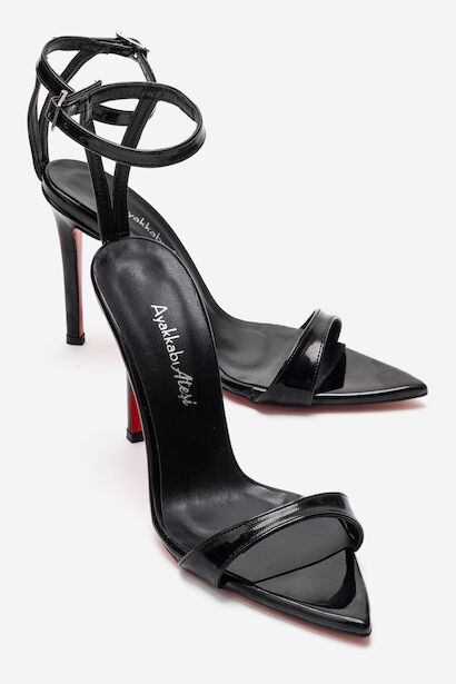 Tek Bantlı Sivri Burun Topuklu Sandalet - Abiye Ayakkabı Sanny  Siyah Rugan