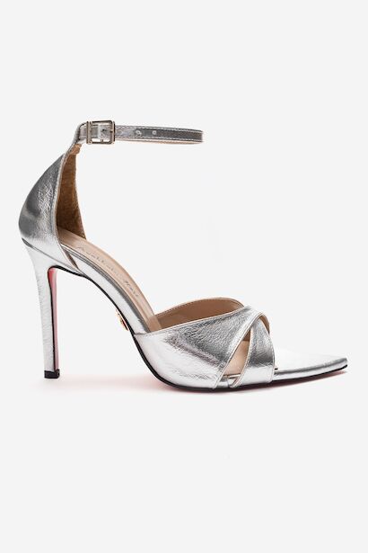 Kadın Çapraz Bantlı Bilekten Bağlamalı Stiletto Topuklu Ayakkabı Sorie  Gümüş
